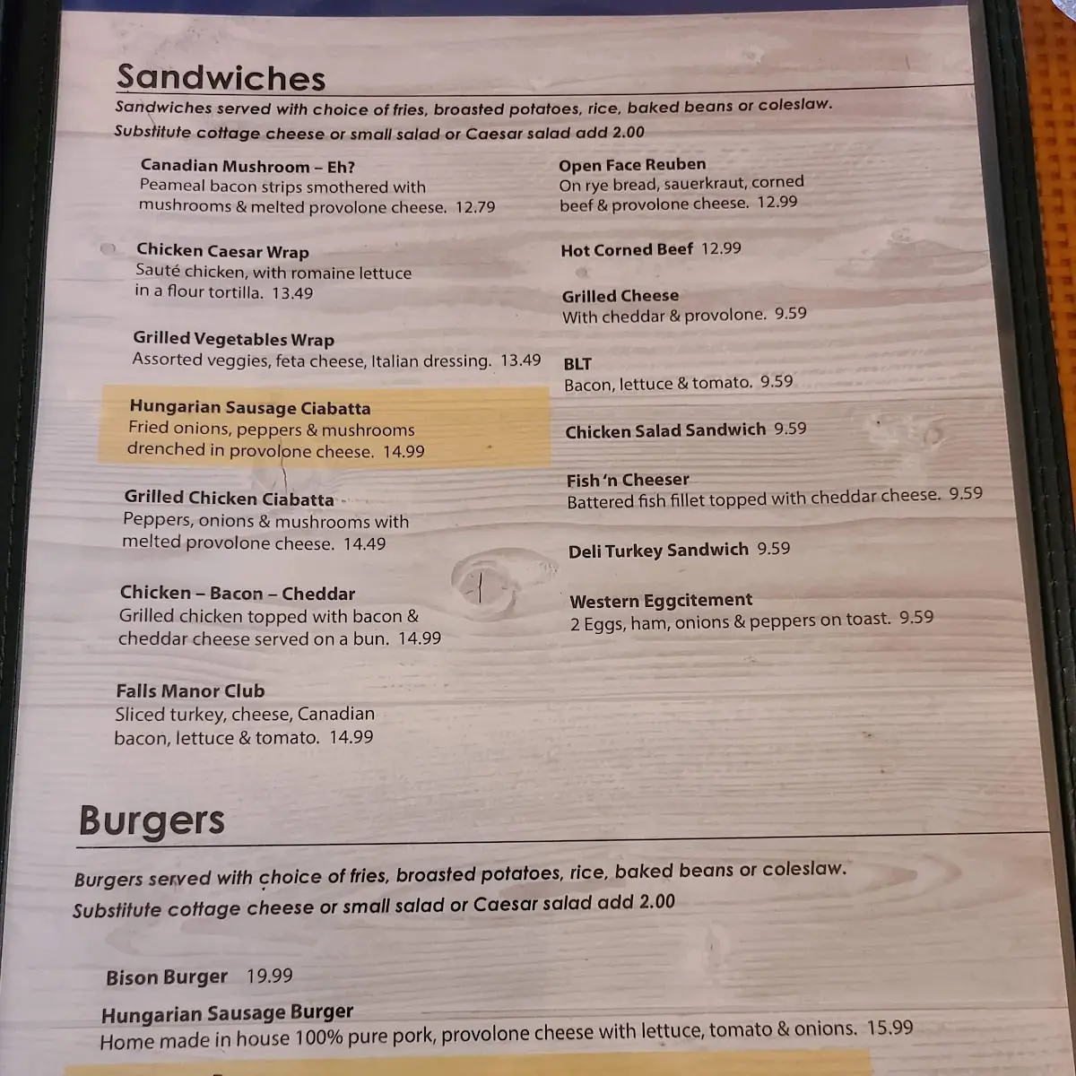 Menu, Falls Manor Restaurant