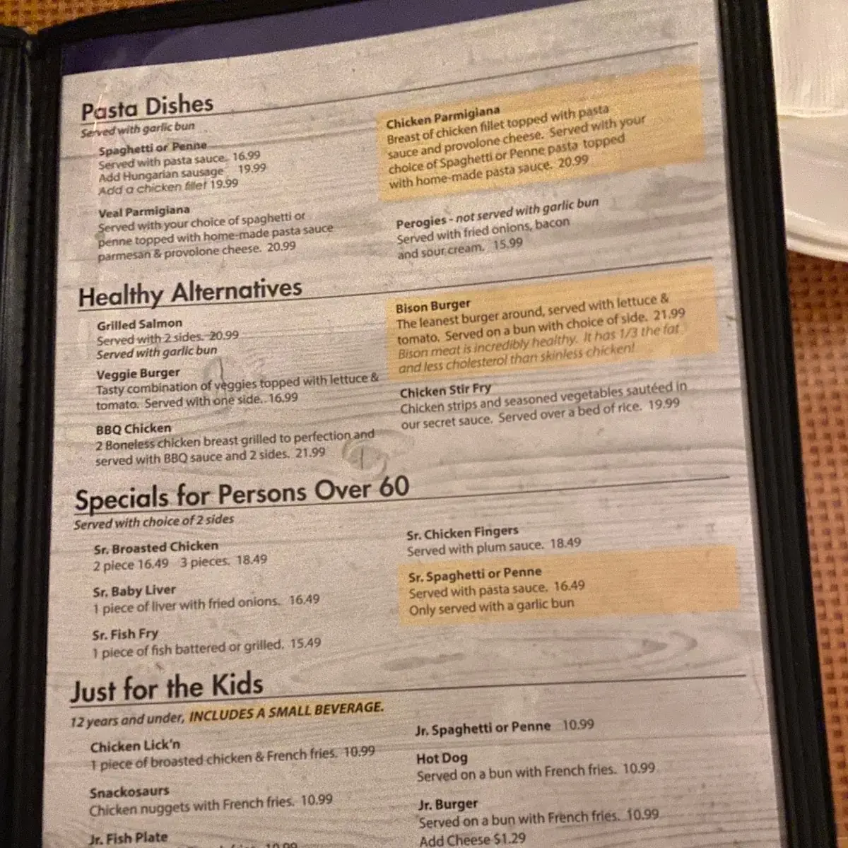 Menu, Falls Manor Restaurant