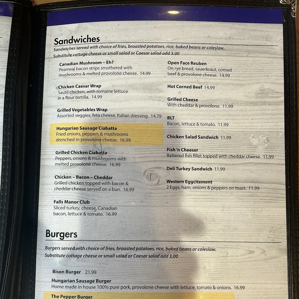 Menu, Falls Manor Restaurant