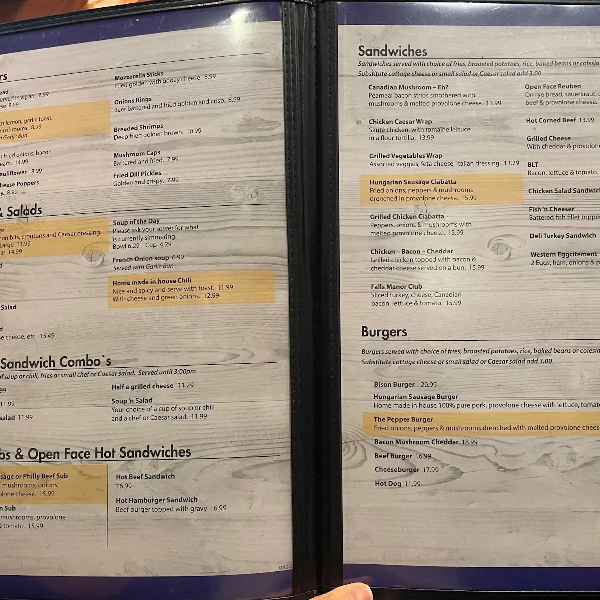 Menu, Falls Manor Restaurant