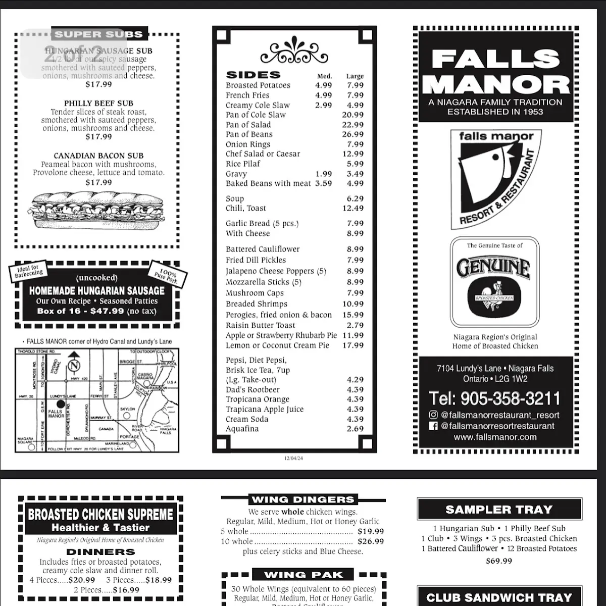 Menu, Falls Manor Restaurant