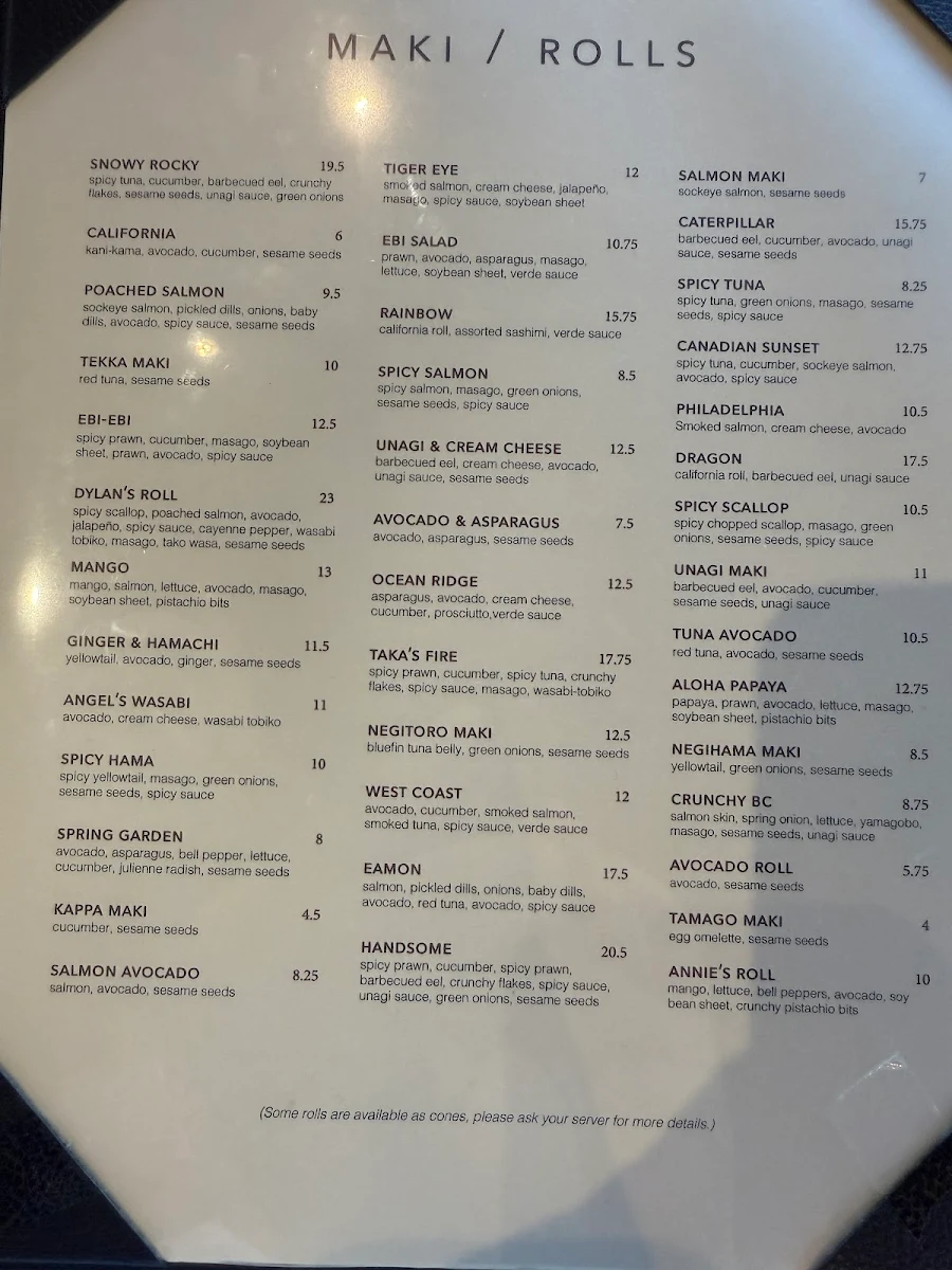 Menu, Taka's Sushi