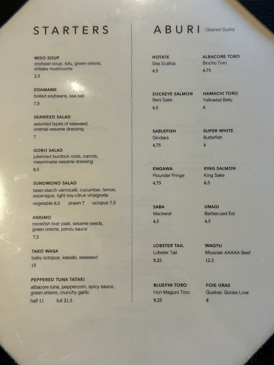 Menu, Taka's Sushi