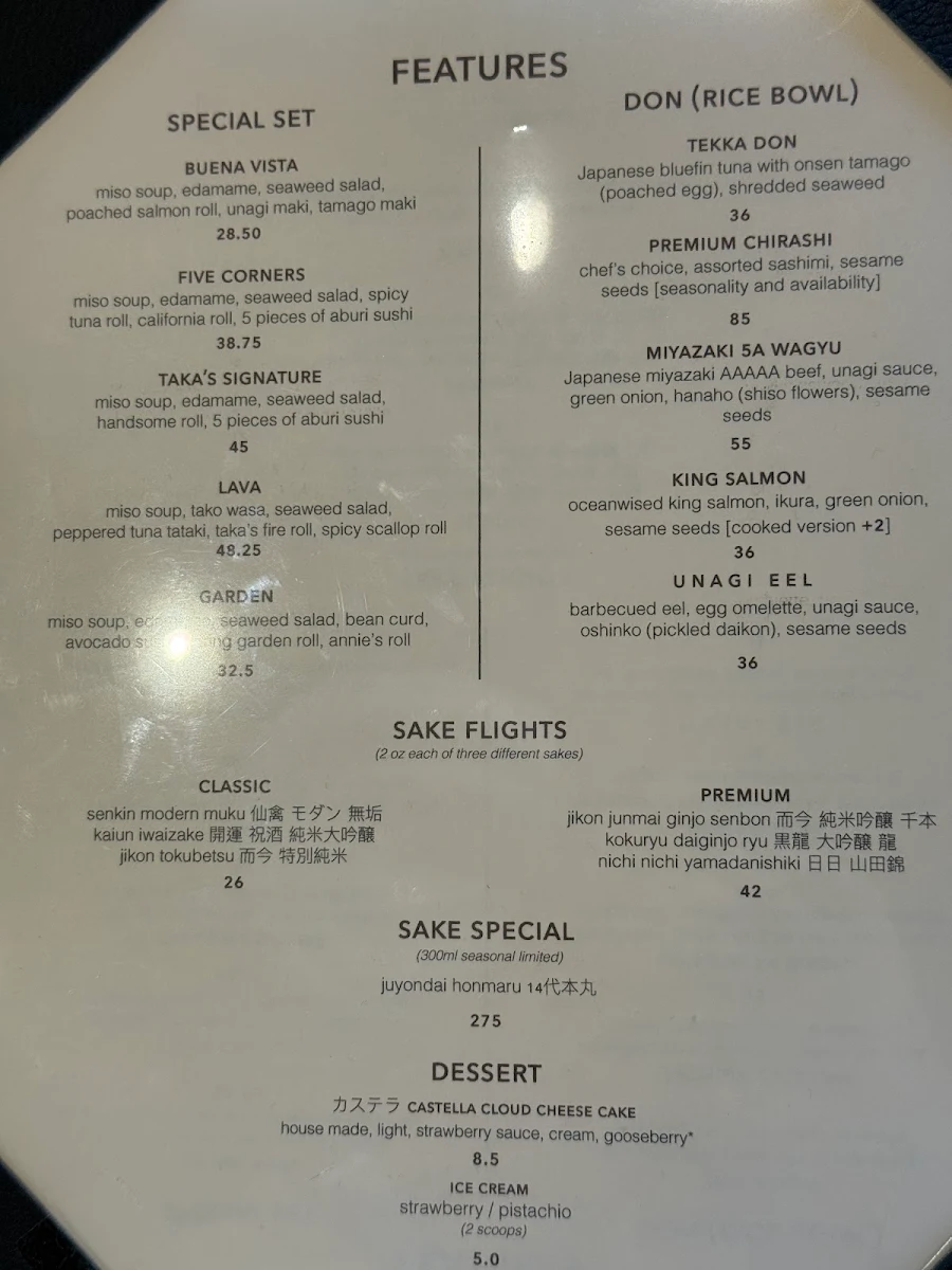 Menu, Taka's Sushi