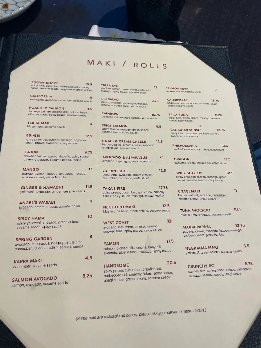 Menu, Taka's Sushi