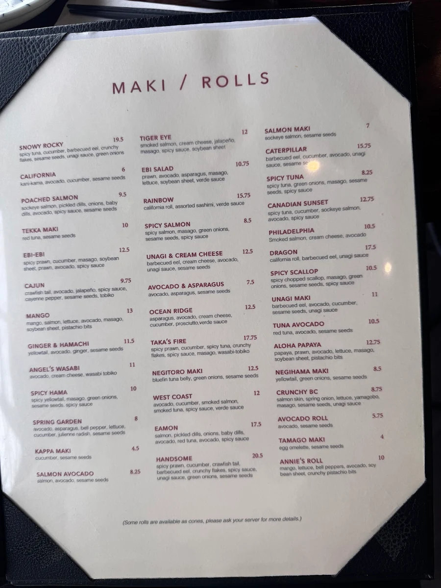 Menu, Taka's Sushi
