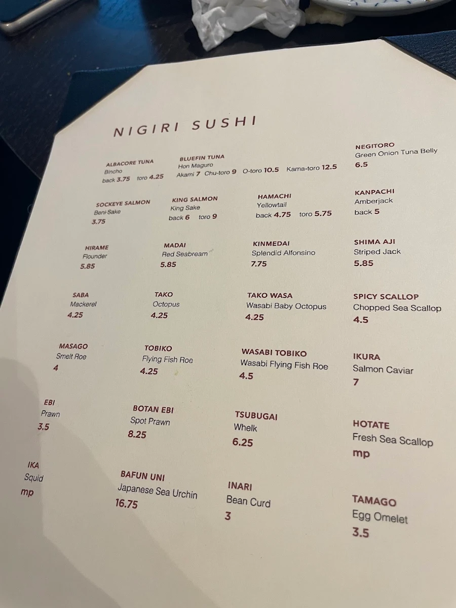 Menu, Taka's Sushi