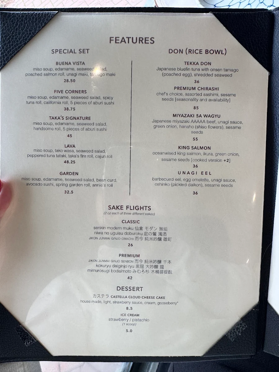 Menu, Taka's Sushi