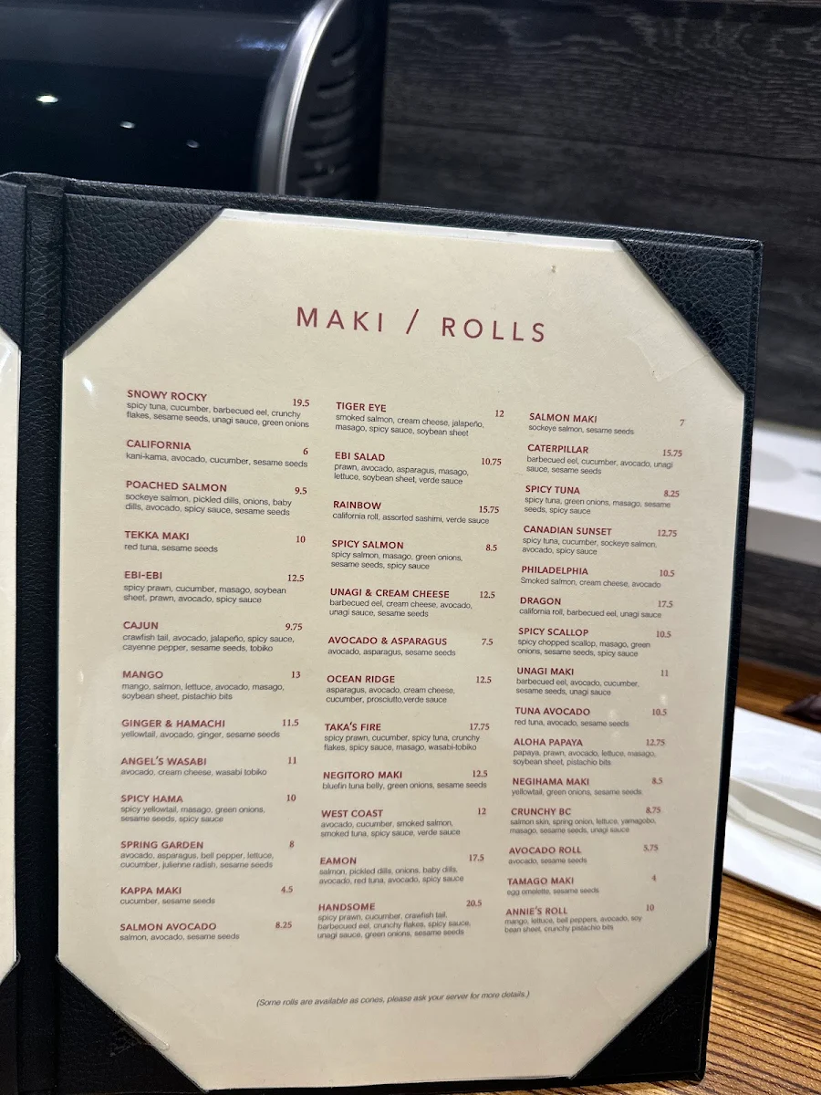Menu, Taka's Sushi