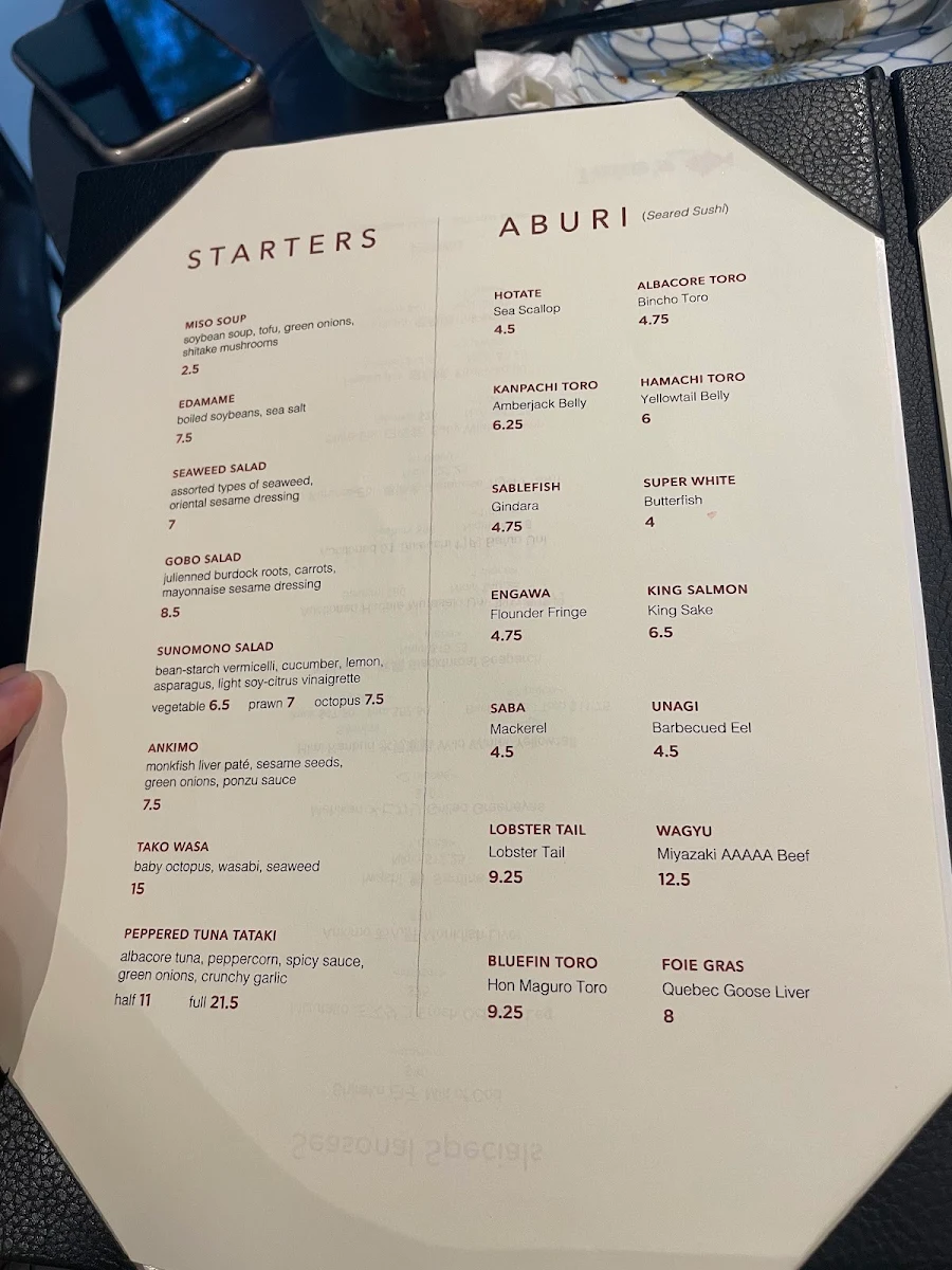 Menu, Taka's Sushi