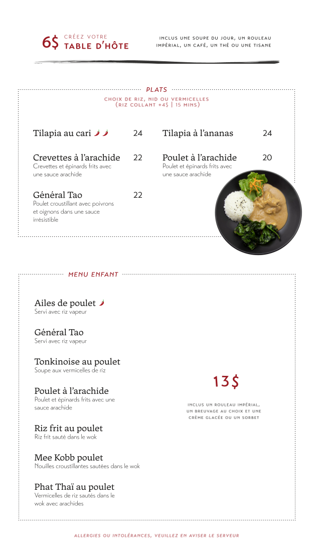 Menu, Les Délices Du Lao-Thai