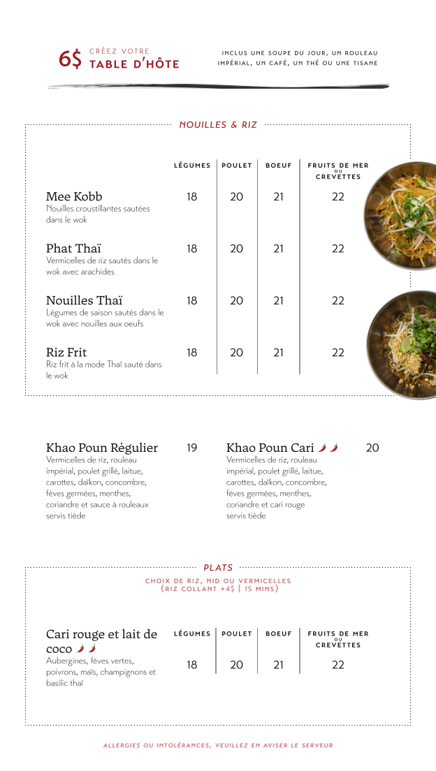 Menu, Les Délices Du Lao-Thai
