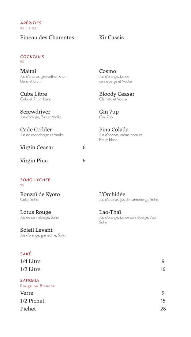 Menu, Les Délices Du Lao-Thai