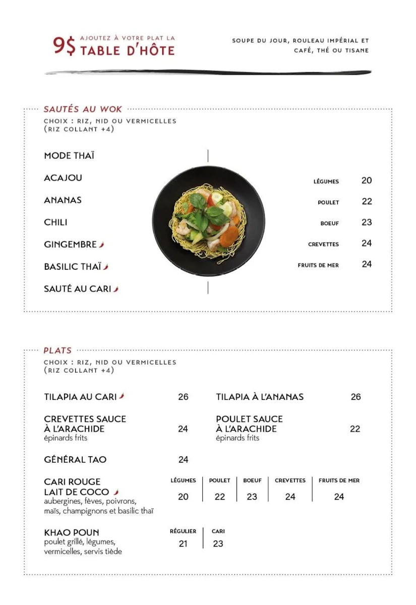 Menu, Les Délices Du Lao-Thai