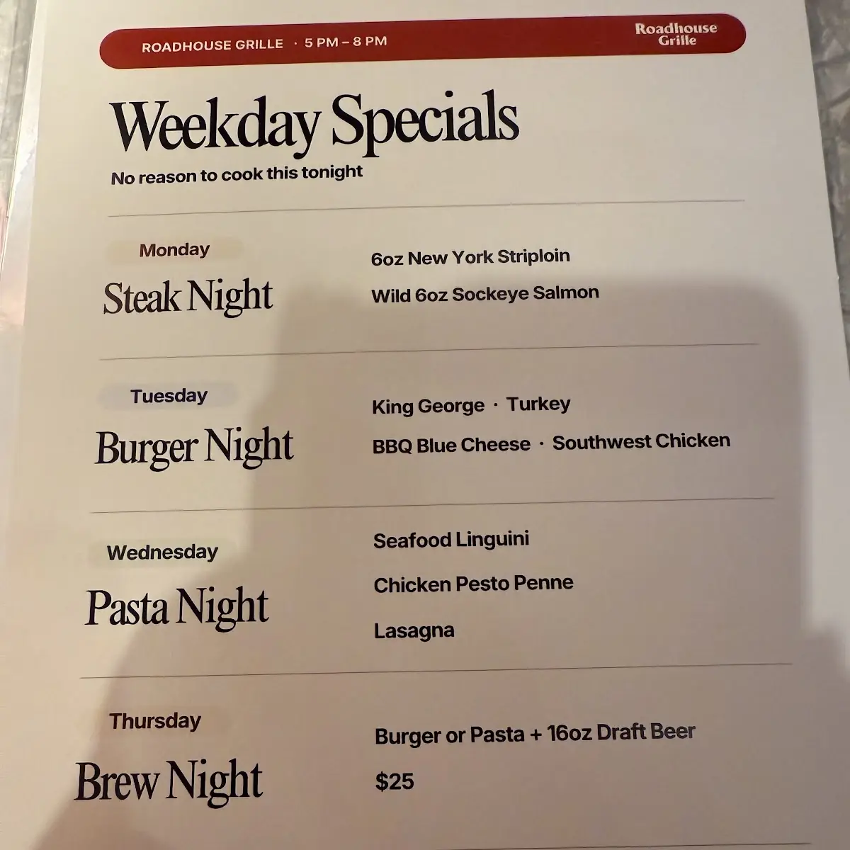 Menu, The Roadhouse Grille