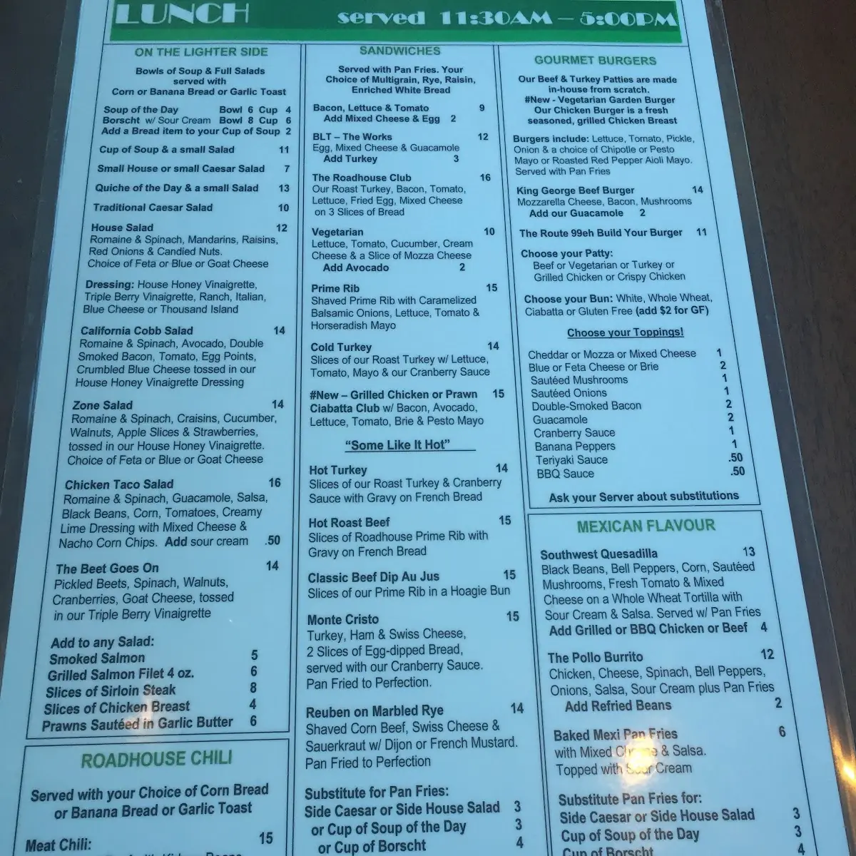 Menu, The Roadhouse Grille