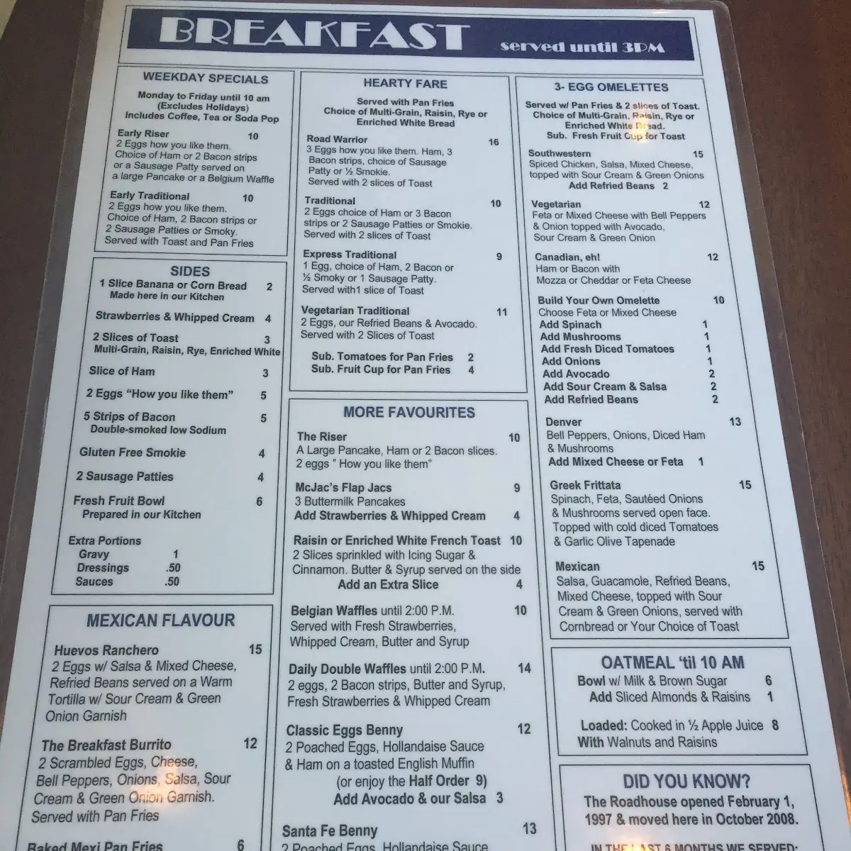 Menu, The Roadhouse Grille