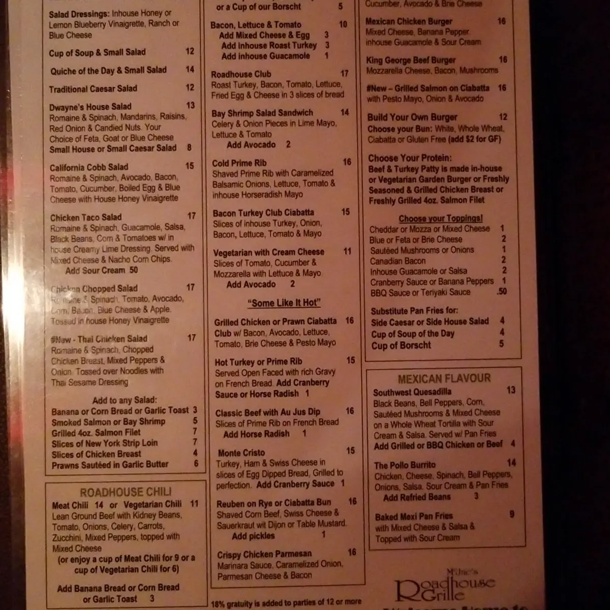 Menu, The Roadhouse Grille