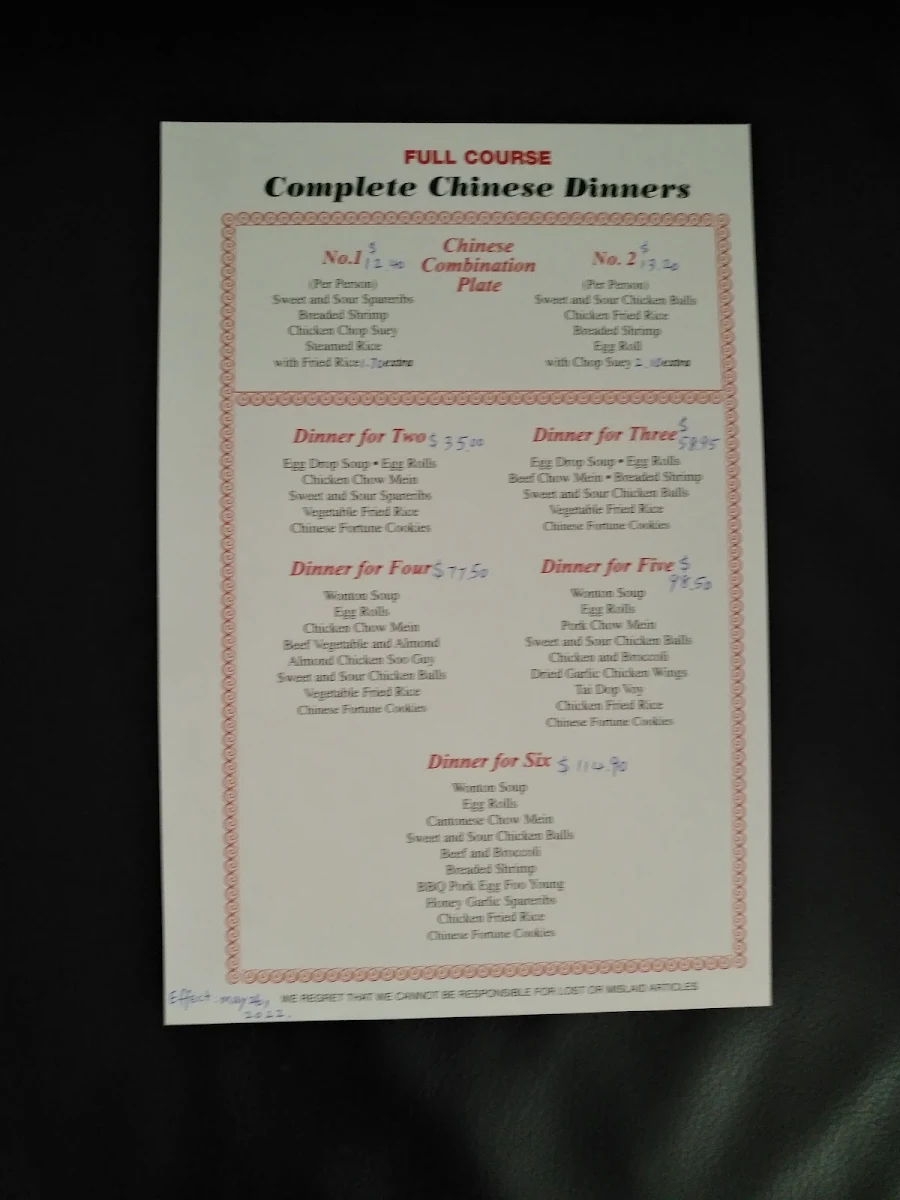 Menu, Three Aces Restaurant