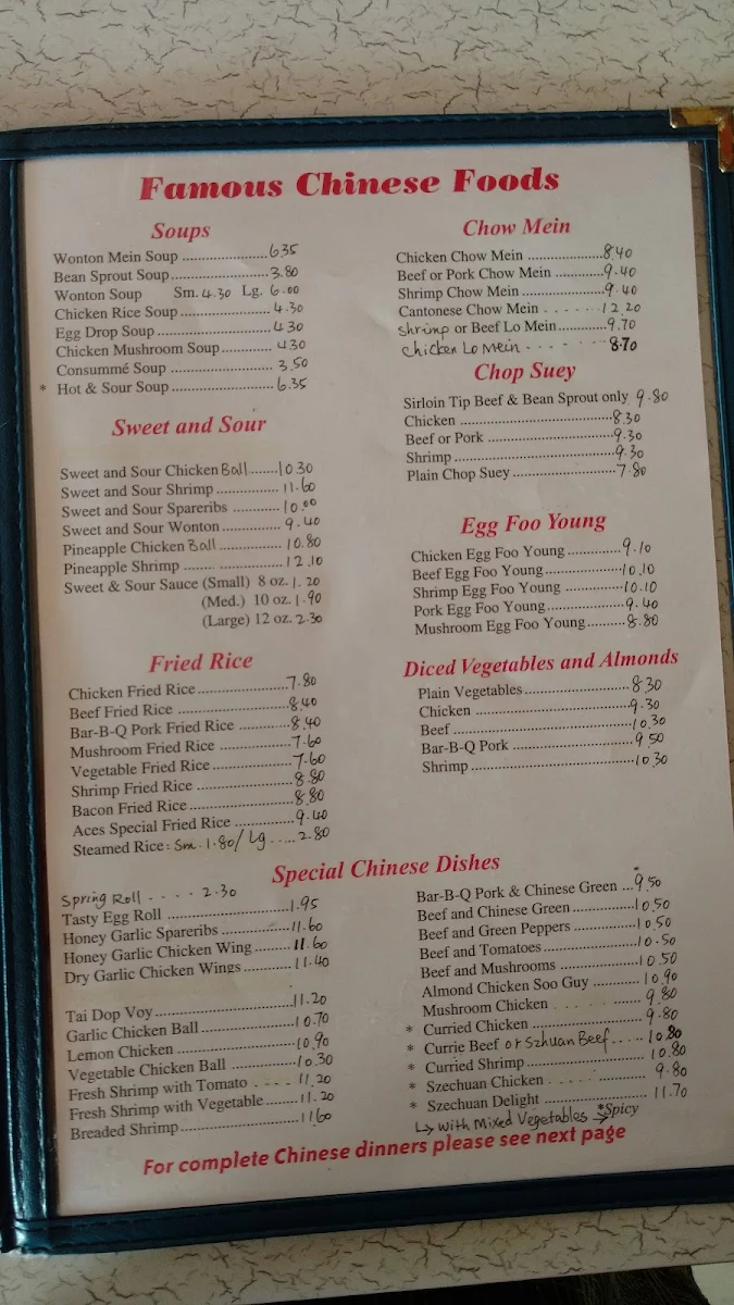 Menu, Three Aces Restaurant