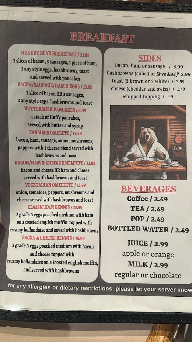 Menu, Hungry Bear Diner