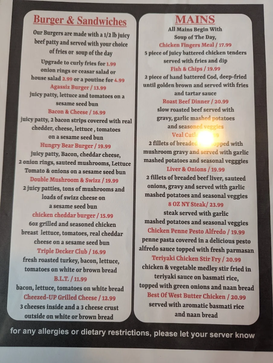 Menu, Hungry Bear Diner