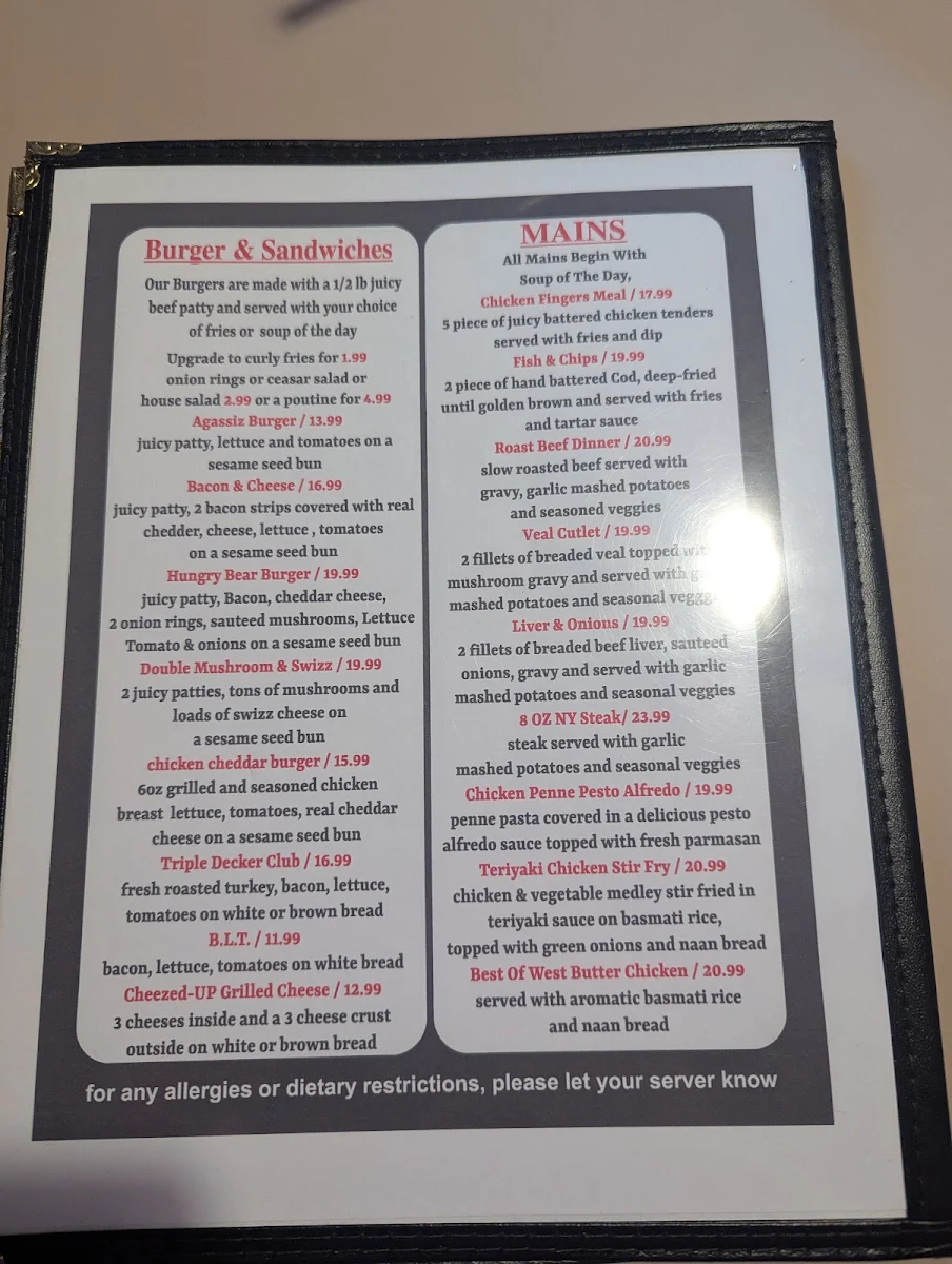 Menu, Hungry Bear Diner