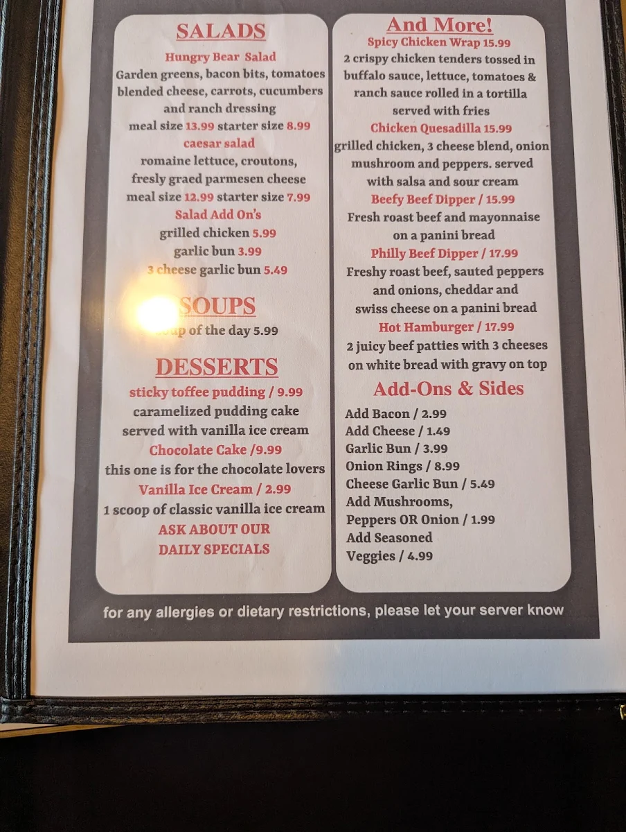 Menu, Hungry Bear Diner