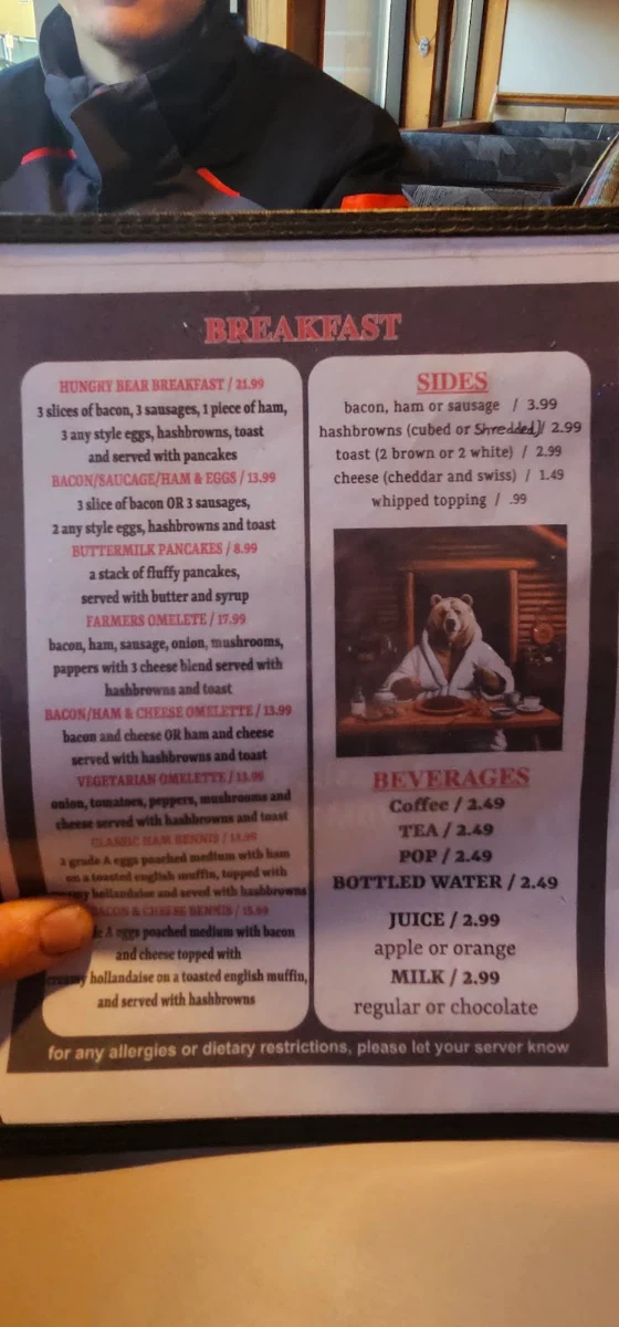 Menu, Hungry Bear Diner