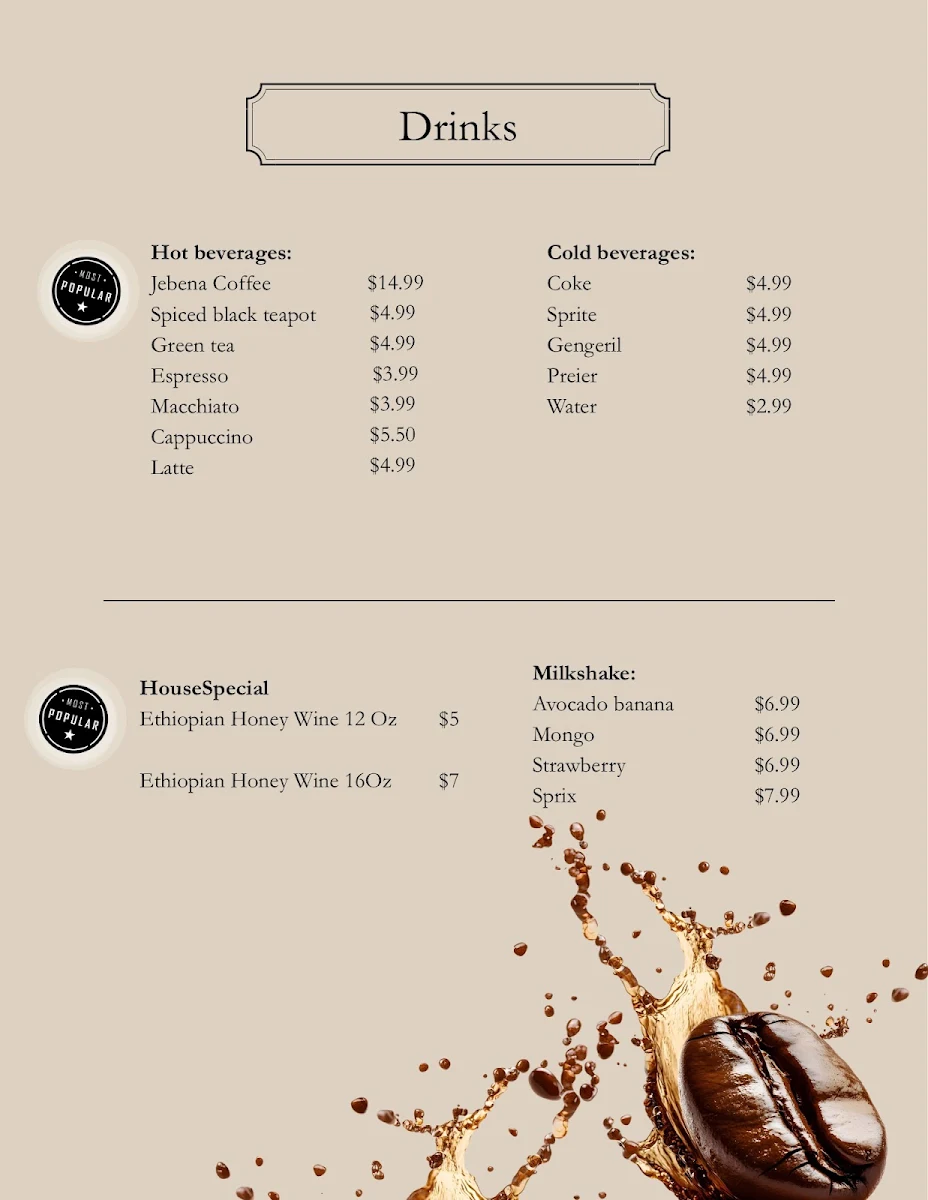 Menu, Adulis Restaurant