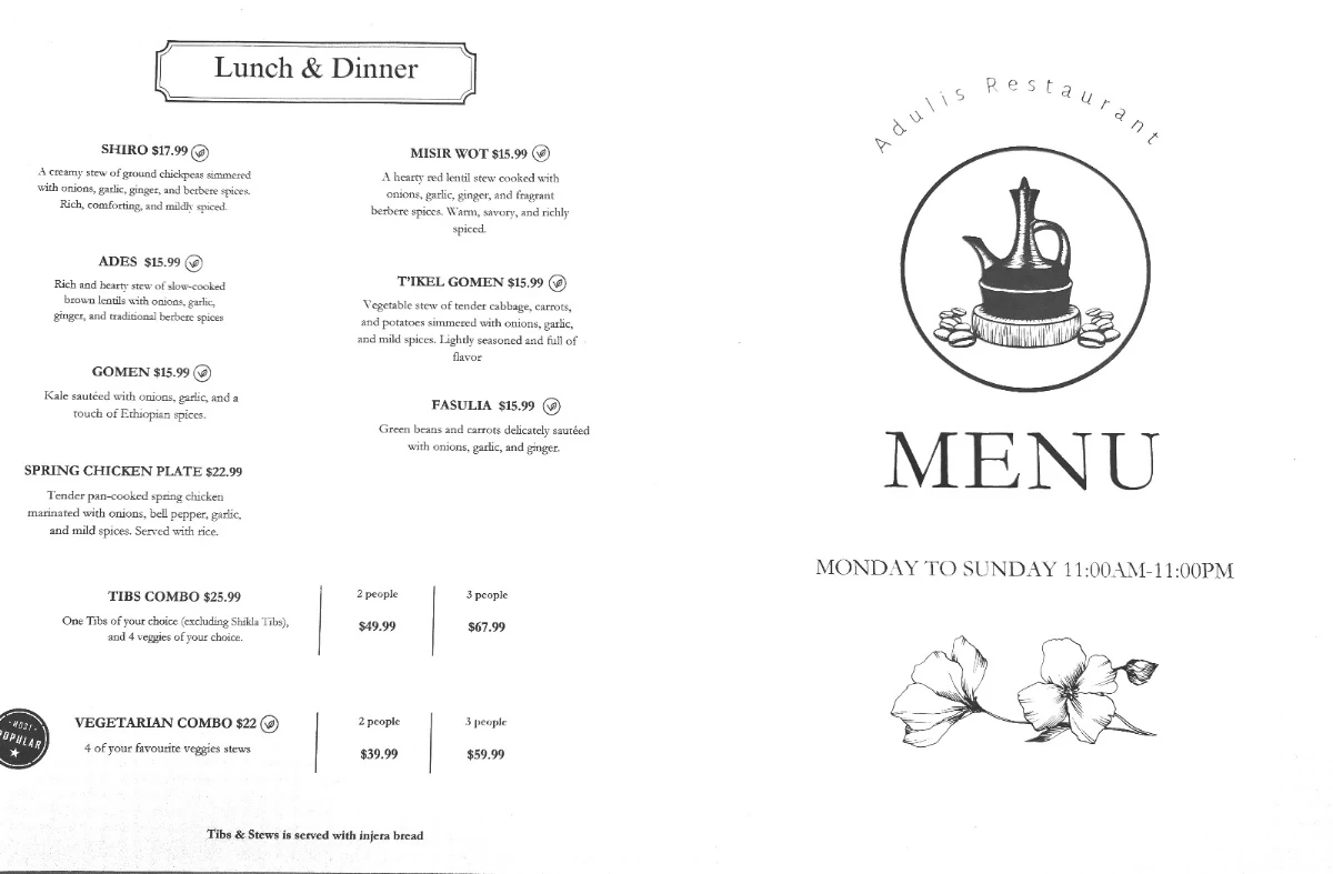 Menu, Adulis Restaurant
