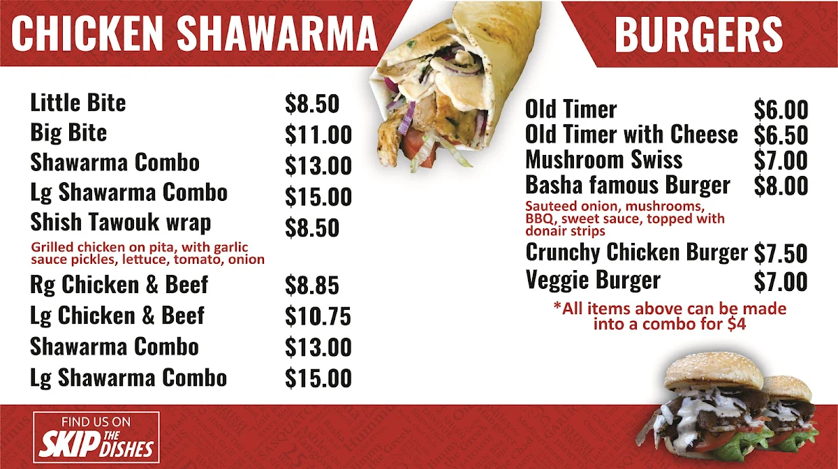 Menu, Basha Donair & Shawarma