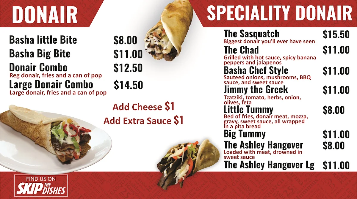 Menu, Basha Donair & Shawarma
