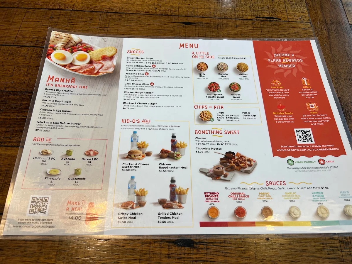 Menu, Oporto Tamworth Drivethru