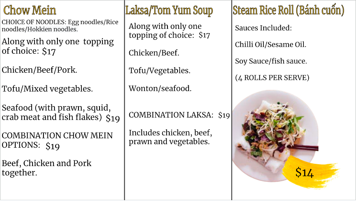 Menu, Viet'z Eatery