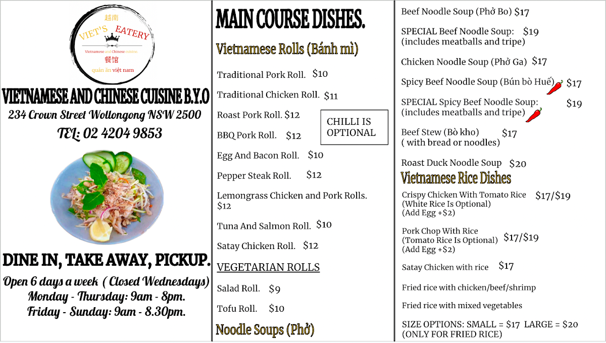 Menu, Viet'z Eatery