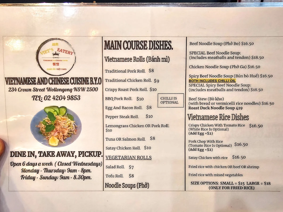 Menu, Viet'z Eatery