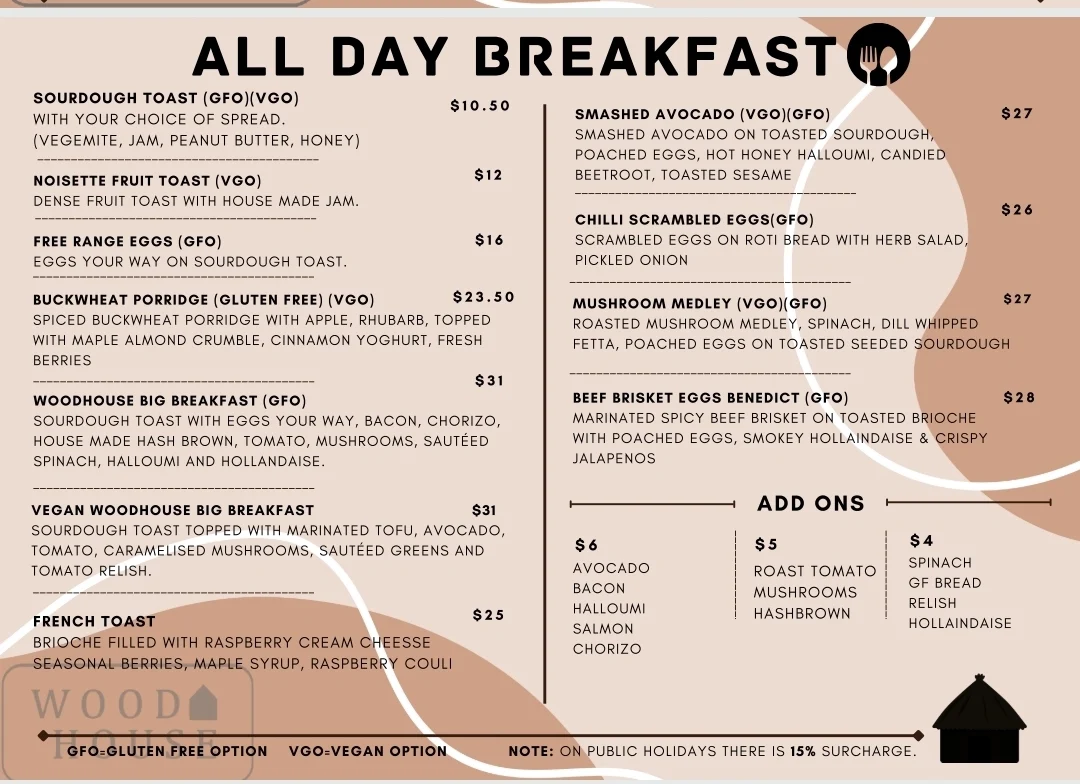 Menu, WoodHouse Cafe