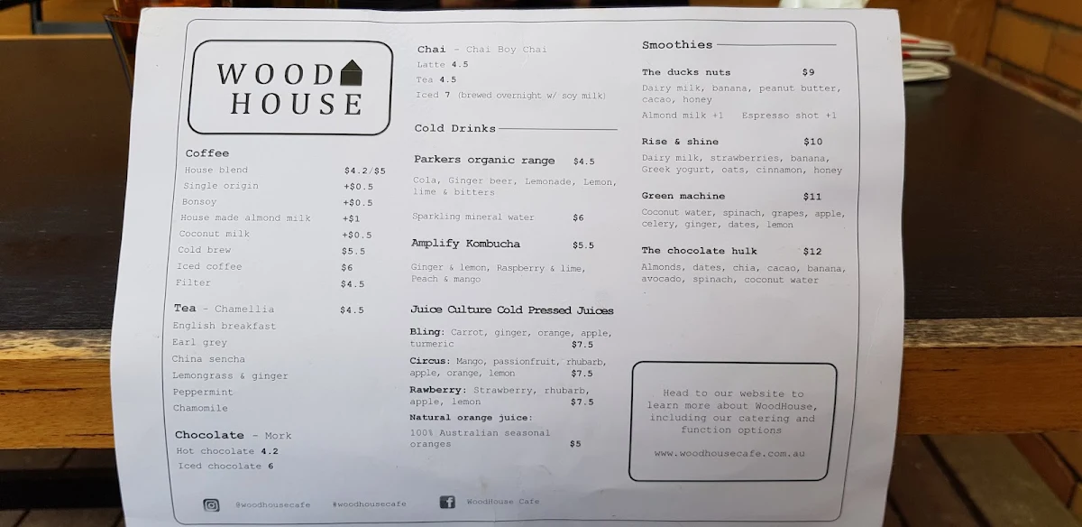Menu, WoodHouse Cafe
