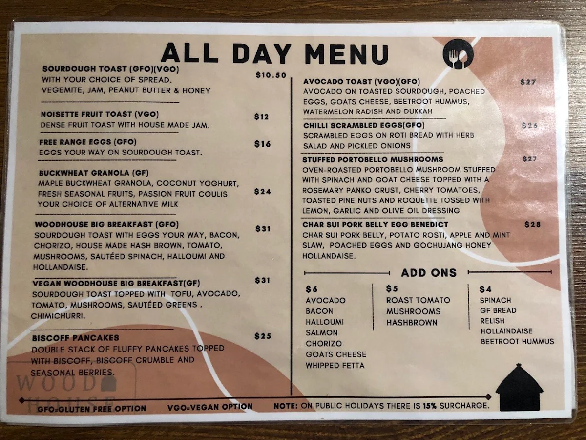 Menu, WoodHouse Cafe