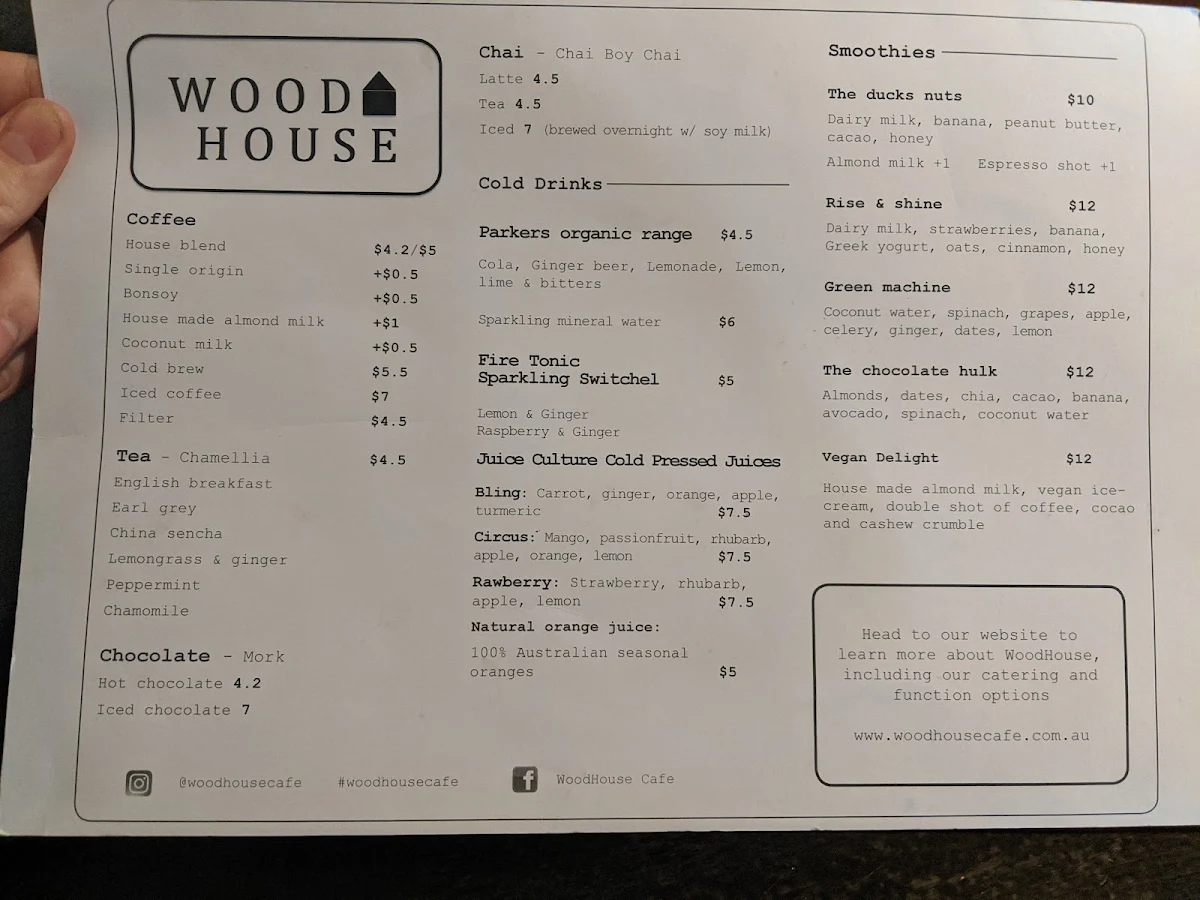 Menu, WoodHouse Cafe