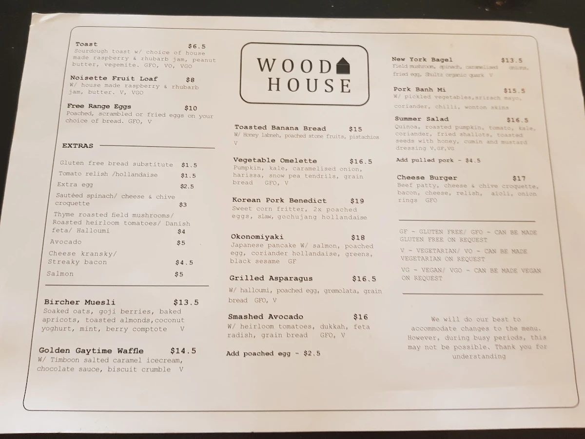 Menu, WoodHouse Cafe