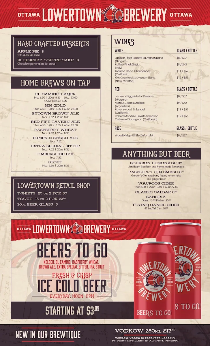Menu, Lowertown Brewery, ByWard Market