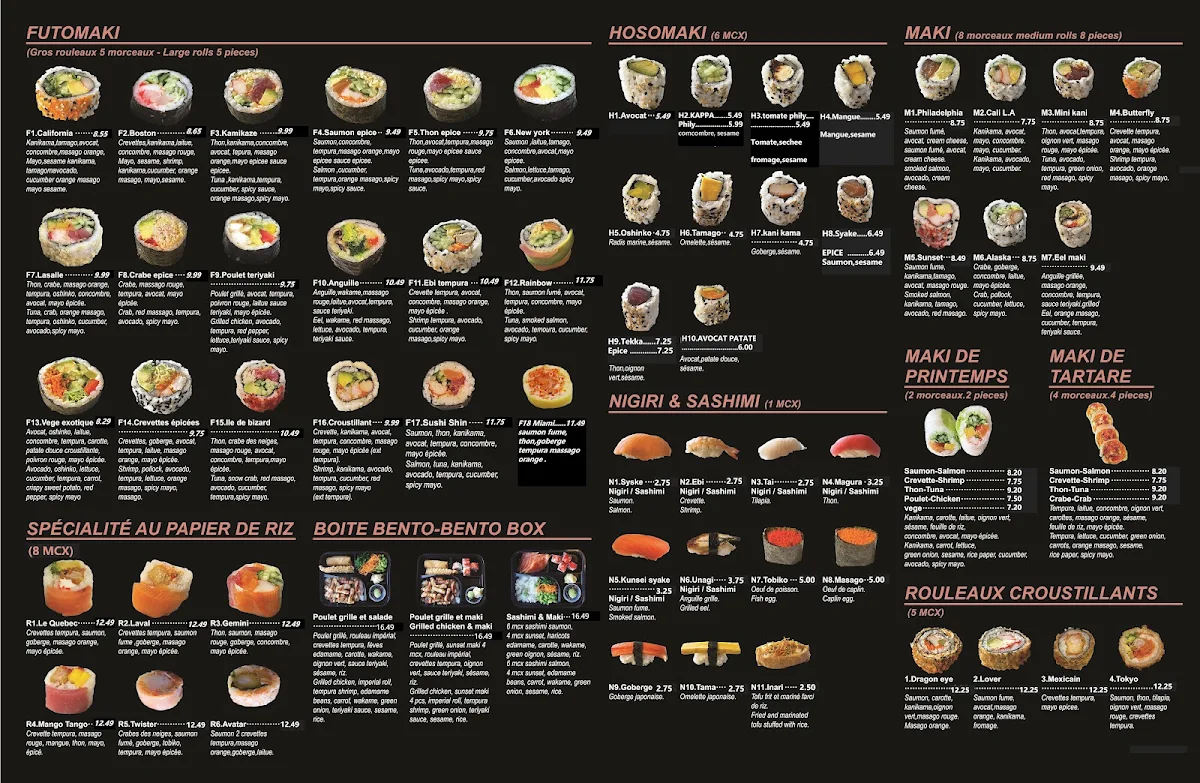 Menu, sushi shin