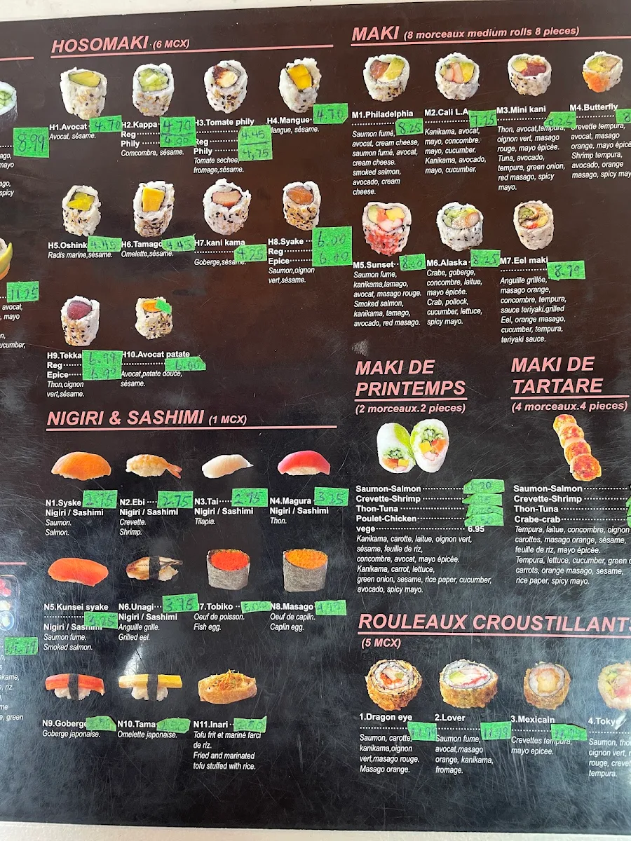 Menu, sushi shin