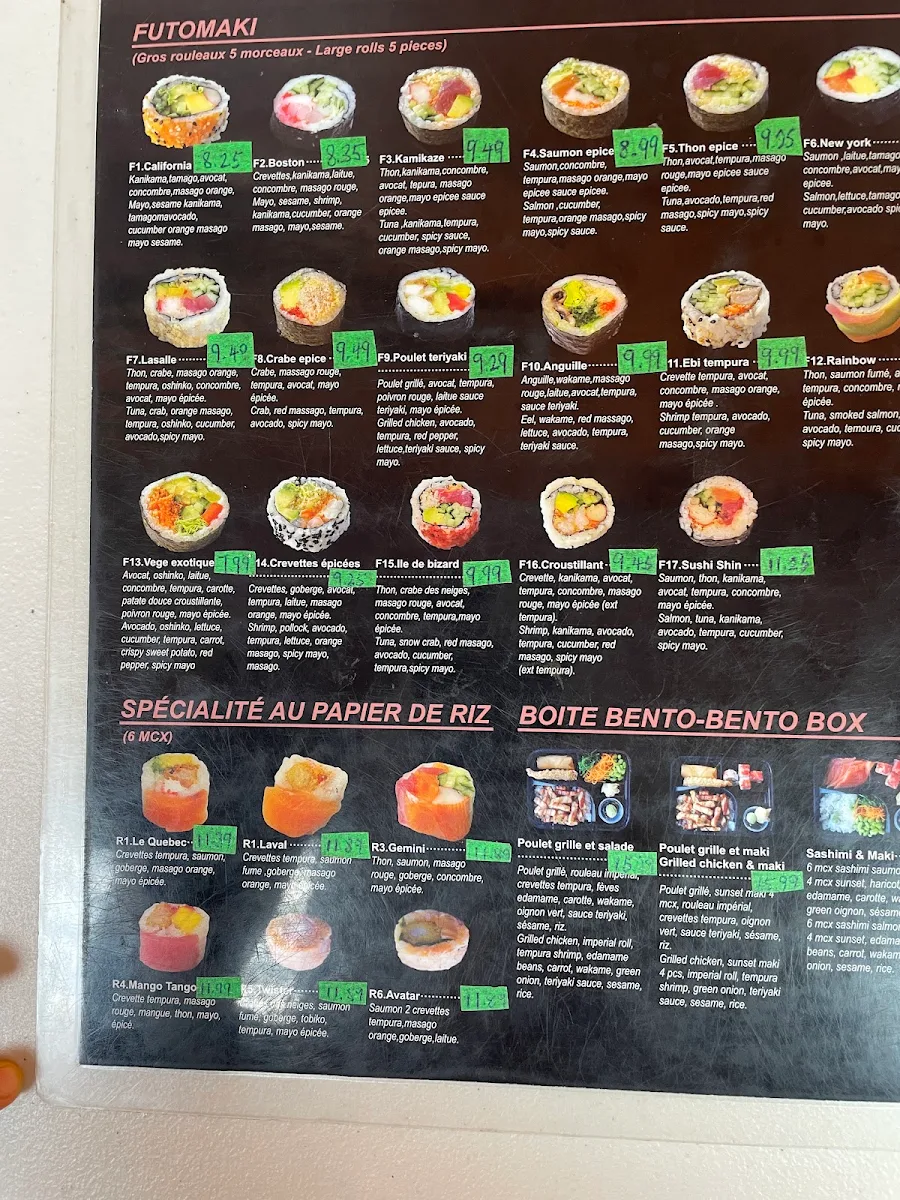 Menu, sushi shin