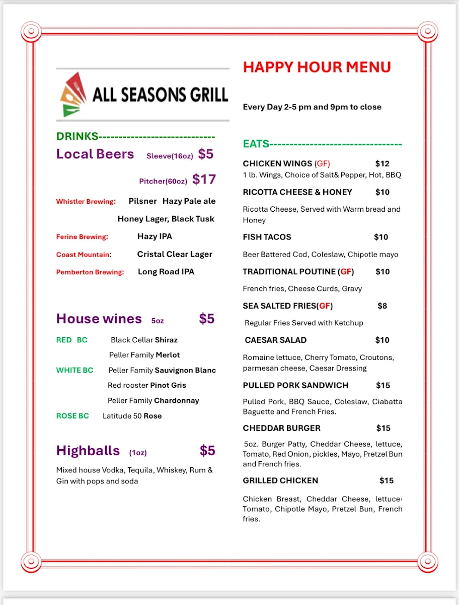 Menu, All Seasons Grill Whistler