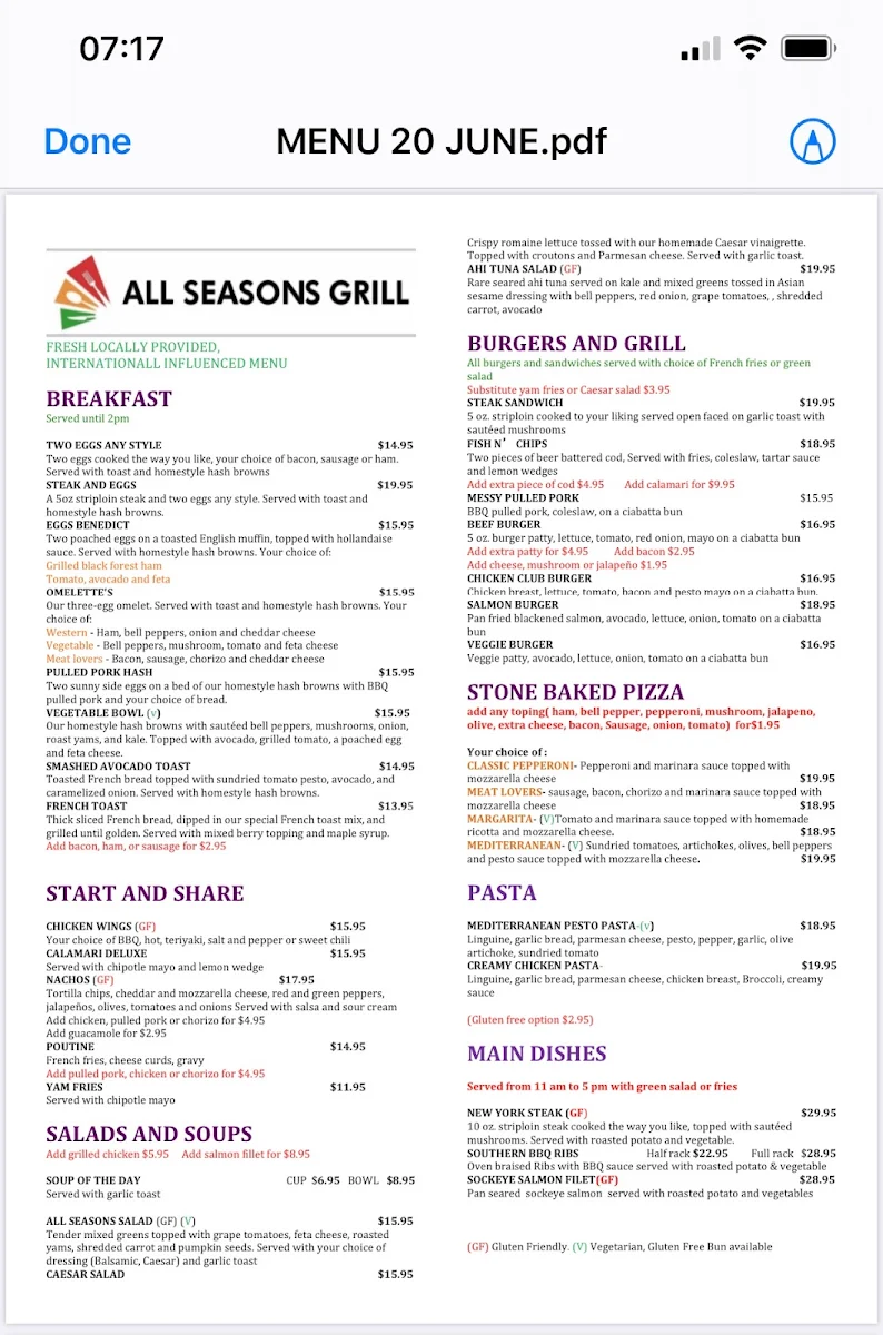 Menu, All Seasons Grill Whistler