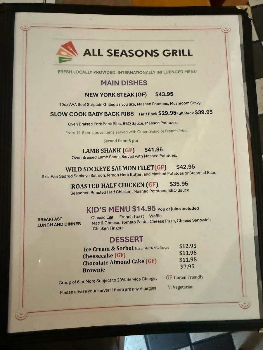 Menu, All Seasons Grill Whistler