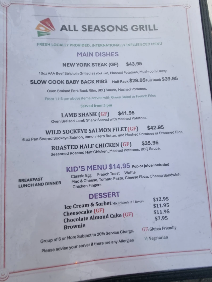 Menu, All Seasons Grill Whistler